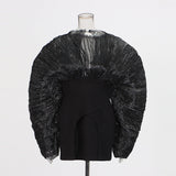 Egan Yarn Folded Skirt 2025 Spring New Round Collar Bubble Sleeve Splicing Sexy Bag Hip Dress