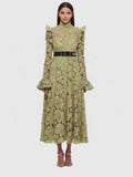 French Retro Elegant Style Embroidery Dress Collared Cardigan High-Waist A-Shaped Dress