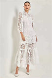 Spring And Summer Goddess Elegant Temperament Pure Color Hollow Lace Dress