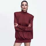 Women's Autumn And Winter High-Collar Pad Shoulders Loose Multi-Fold Sexy Back Short Skirt DJPT