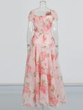 Vintage Flower Drewing Dress 2025 Summer New V-Neck Waist Opened Lotus Leaf Side Dress