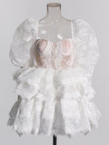 Version Of The Women's Group Wind 2025 Summer New Heavy Industry Bubble Sleeves Embroidered With Leaves Side Short Women's Dress