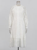 Bohemian 2025 Summer New Round-Neck Long Sleeve Zipper Design Solid Color Long Lace Dress