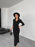 Fashion Knitted Solid Color In Autumn 2024 V-Neck Bag Hip Dress