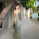 Sling Dress Women's Summer Mesh Printing Temperament Is Skinny Seaside Holiday Dress Dress