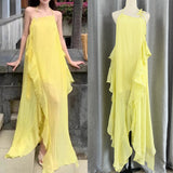 New Lotus Leaf Side Collar Hanging Neck-Loan Dress Seaside Holiday Atmosphere Dress