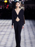 Autumn Street Fashion Trend Sexy Deep V Kinesi Folded Temperament Bat Top Woman