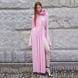 Women's High-End Vintage Dress Hollow Deep V Hanging Neck Dress Folded Three-Dimensional Flower Dress