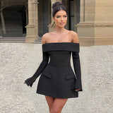 Sexy Wind Shoulder A Swing Dress Woman Autumn New Temperament Elegant Body Ass Skirt DJPT