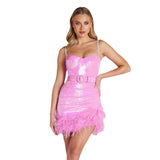 Women's Dress Sexy Tight Skirt Dress Artificial Hair Belt Purple Squine Sling Skirt