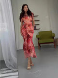Thin Waist-Waisted French-Style Printed Bag Of Hip-Leaf Fishtail Dress