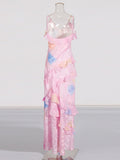 Colored Sling Skirt 2025 Summer New Fashion V-Neck Sleeveless Print Lotus Leaf-Side Dress Woman
