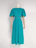 Autumn New Round-Neck Bubble Sleeve Belt To Collect Waist Hollow Long Dress Woman