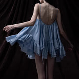 New Sweet Holiday Wind Blue Sling Skirt Summer Lotus Leaf Side-Dew Short Skirt