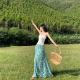Holiday Style Suit French Rope Smear Vest Top Woman Summer Blue Floral Half Dress Two Sets
