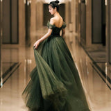 Evening Dress 2025 Summer New Green One-Word Shoulder Fairy Masturity Host Dress