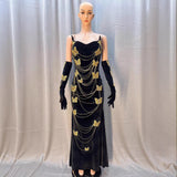 Body Golden Butterfly A Diamond Chain Dress Sexy Breast Repair Velvet Party Dress