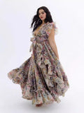Australian Minority V-Leading Flying Sleeves Of The Same Holiday Wind Bow Bow Waist Dress Dress Dress Woman