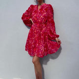 V-Neck Print Lantern Sleeve Chiffon High-Waisted Dress In Autumn 2024