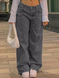 Burst Low-Rise Jeans Fashion Retro Straight Pants Loose Street Style Denim Trousers DJPT