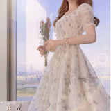 Tea Break French Ink Painting To Collect Thin Temperament Lady White Chiffon Dress Women's Clothing Mall The Same DJPT