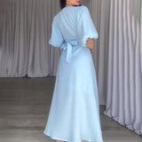 Women's Summer V Tie With Bubble Sleeve High Waist Slim Slim Dress