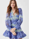 Autumn New V-Neck Lantern Sleeve Splicing Hollow Design Short Dress Woman