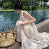 Summer Dress French Apricot Embroidered Hanging Neck Dress Sleeveless Shoulder Big Skirt Holiday Dress Dress