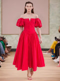 Red Dress 2025 Summer Banquet Sexy Out-Shoulder Bubble Sleeve Short-Sleeved Waist Dress Dress