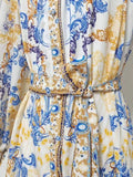 Famous Wind High-End Printing Small Collar Single Buckle Collar Buckle With Waist Long Dress