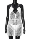 Women's Perspective Hollow Hanging Neck Sling Lace Skirt Suit DJPT