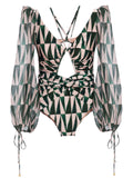 Clustered Swimsuit Women's Print Bikini Long-Sleeved Swimsuit Hot Lady Swimsuit DJPT