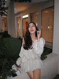 Shoulder Strapped With Long-Sleeved Dress Women's Early Autumn French White Short Dress Design Feel Waist Temperament A-Character Skirt