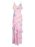Colored Sling Skirt 2025 Summer New Fashion V-Neck Sleeveless Print Lotus Leaf-Side Dress Woman