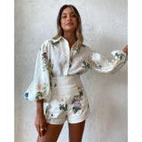 Autumn Australian Fashion Brand Elegant Fresh Floral Femininity Commuting Long-Sleeved Shirt Top High-Waist Shorts Set