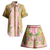 Casual Suit Women 2025 Spring New Printed Short-Sleeved Shirt + High-Waisted Broad Leg Pants Two Sets
