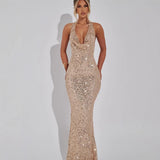 Trendy Leek Deep V Hanging Neck Ass Skirt Woman 2024 Winter New Sexy Body Micro-Enlightenment Back Long Skirt HZ0628