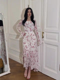 2024 Summer Chiffon Flower Leaf Sleeves Long-Sleeves Illustuff Irregular Dress