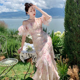 Bubble Sleeve Chiffon Flower Hanging Dress Women Summer Seaside Holiday Super Fairy Long Dress