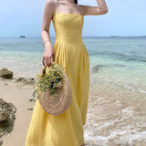Yellow Bareback Strap Sling Sexy Dress Seaside Holiday Dress Waist And Ankle Beach Dress