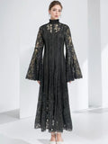 Autumn New Collar Horn Sleeve Lace To Receive Waist Long Dress Woman