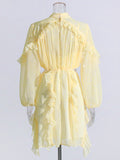 Retro Style 2025 Summer New Mesh Collar Long Sleeves Wood Ear Design Lumbar Short Dress Woman