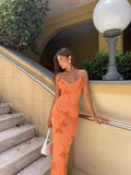 Summer New Printed Sexy Knitting Slimming Low-Chests With Thin Slings Long Dress DJPT