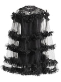 Famous Yuanfeng 2025 Summer New Round-Necked Long Sleeve Net Yarn Perspective Wood-Eared Splicing Design Dress Dress Woman