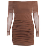 Mesh Yarn Shoulder Long Sleeves Folded Dress Female Summer Temperament Fashion Babes Skirt DJPT