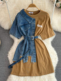 Hong Kong Flavor Temperament With Belt Round Tie Color Denim Shirt Spring New Chic Leisure Medium DJPT