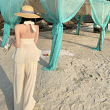 Folded Gentle Wind Beach Holiday Hanging Neck Sling + Trousers Set Women's Summer 2025 New