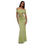 Women's Spring And Summer New Solid Color Open Shoulder Splicing Lace Super Long Dress Woman DJPT