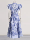 Bohemian Wind 2025 Spring New Neckline With Flying Sleeves To Close The Waist Print Medium Long Skirt Dress