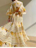 Niche 2024 Spring New Round-Neck Lantern Sleeve Top With Rubber Ribs Waist Dress Printed Fashion Set